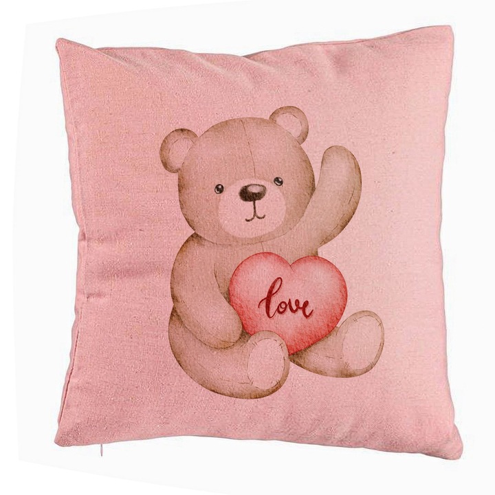 Dekoratív párnamackó szívvel, Valentin napi mintával, 40x40 cm, rózsaszín, levehető huzat, fújtató