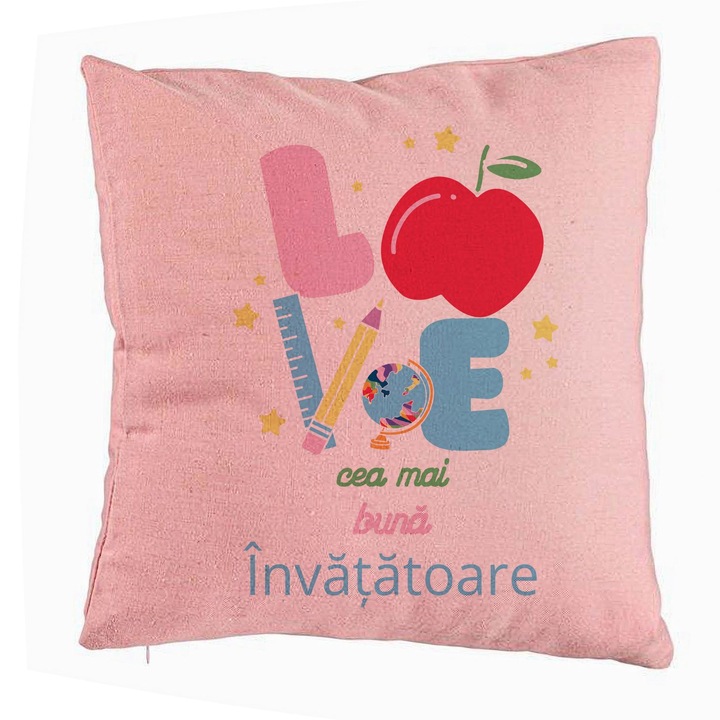 Dekoratív párna szöveggel tanárnőnek 2, 40x40 cm, rózsaszín, levehető huzat, fújtató