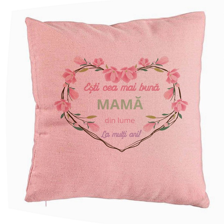 Díszpárna anyának szöveggel - március 8., Boldog születésnapot 2, 40x40 cm, Rózsaszín, Levehető huzat, Fújtató