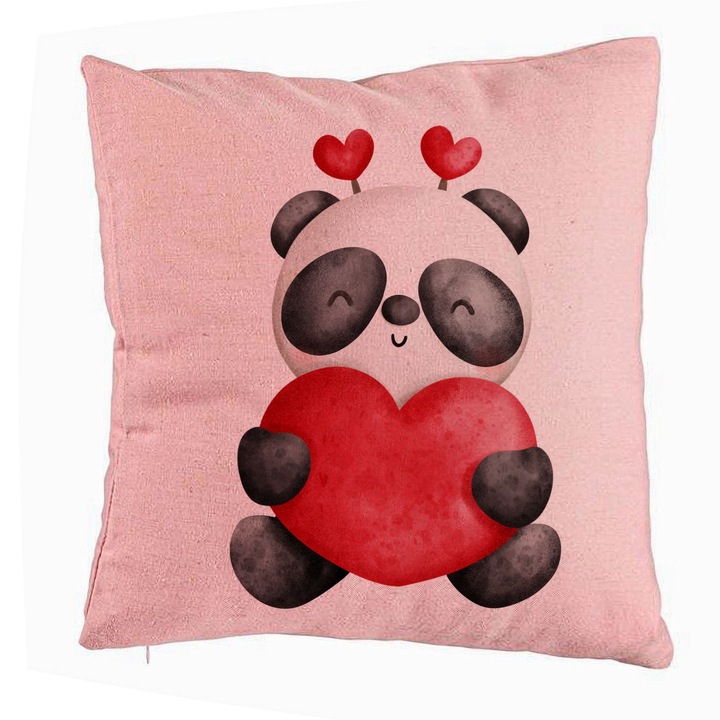 Dekoratív párna Panda maci szívvel, Valentin napi modell, 40x40 cm, rózsaszín, levehető huzat, fújtató