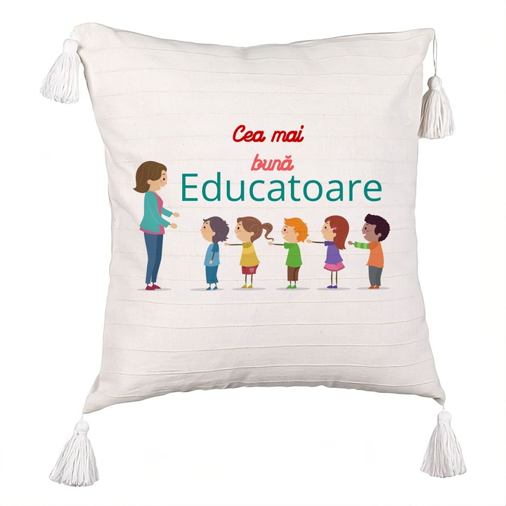 Dekoratív rojtos párna szöveggel pedagógusoknak 2, 40x40 cm, Levehető huzat