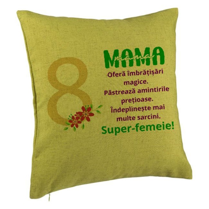 Dekoratív párna üzenettel anyának - március 8., 40x40 cm, zöld, levehető huzat, fújtató