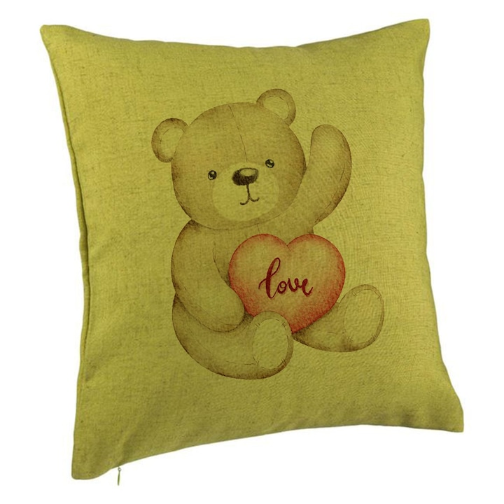 Dekoratív párna mackó szívvel, Valentin napi modell, 40x40 cm, zöld, levehető huzat, fújtató