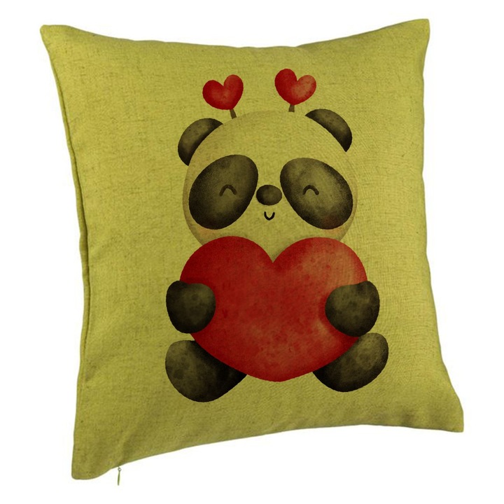 Dekoratív párna Panda maci szívvel, Valentin napi mintával, 40x40 cm, zöld, levehető huzat, fújtató