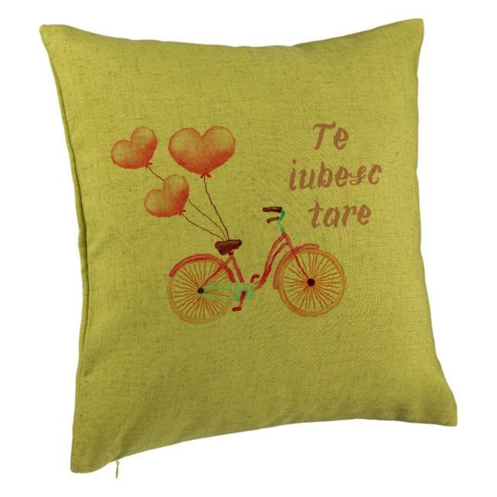 Dekoratív párna I Love You, Valentin napi modell, 40x40 cm, zöld, levehető huzat, fújtató