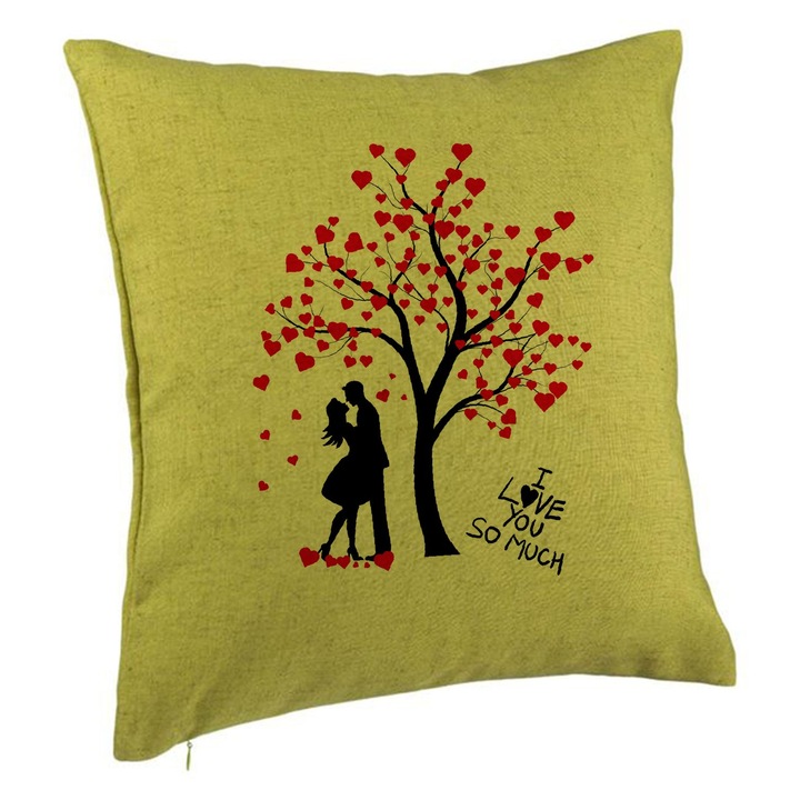 I Love You dekoratív párna - Valentin napi modell, 40x40 cm, zöld, levehető huzat, fújtató