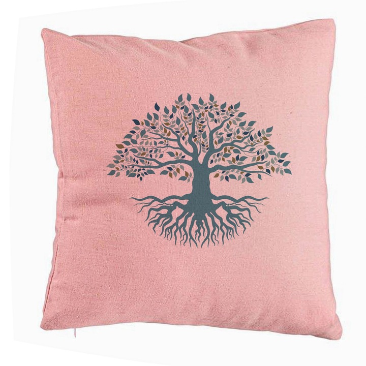 Életfa díszpárna, 40x40 cm, rózsaszín, levehető huzat, fújtató
