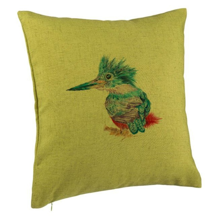 Dekoratív párna tarka madarakkal, 40x40 cm, zöld, levehető huzat, fújtató