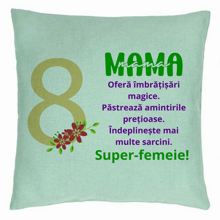 Dekoratív párna üzenettel anyának - március 8., 40x40 cm, mentazöld, levehető huzat, fújtató