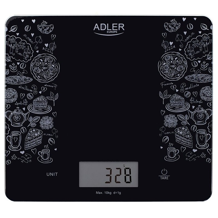 Cantar de bucatarie din sticla, 1 g - 10 kg, LCD, 20 x 18 cm, Negru