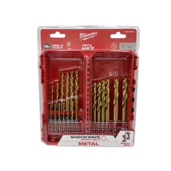Set 19 burghie Shockwave HSS-G Titanium Red Hex 1/4'' pentru metal, Ø2.0-10.0mm, Milwaukee