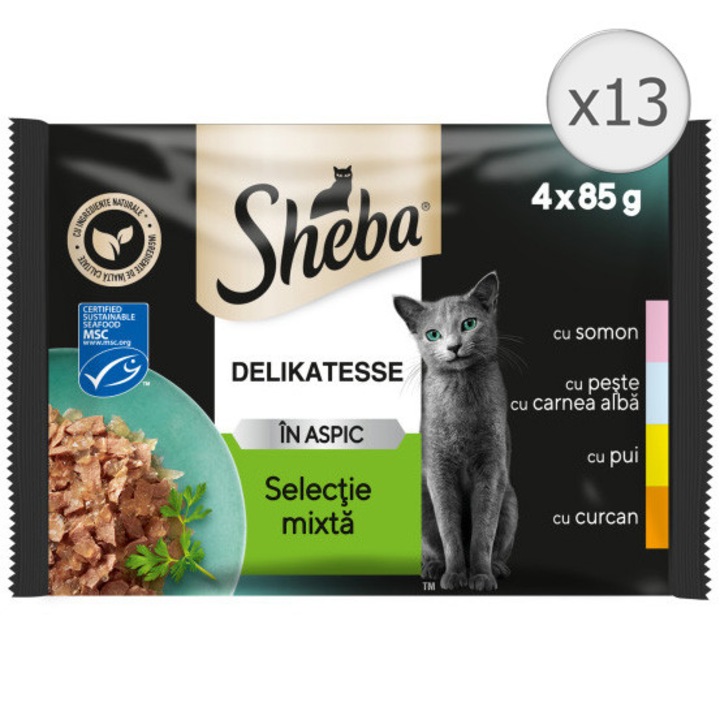 Sheba Delikatesse nedves macskaeledel, Vegyes válogatás aszpikban, 52x85g