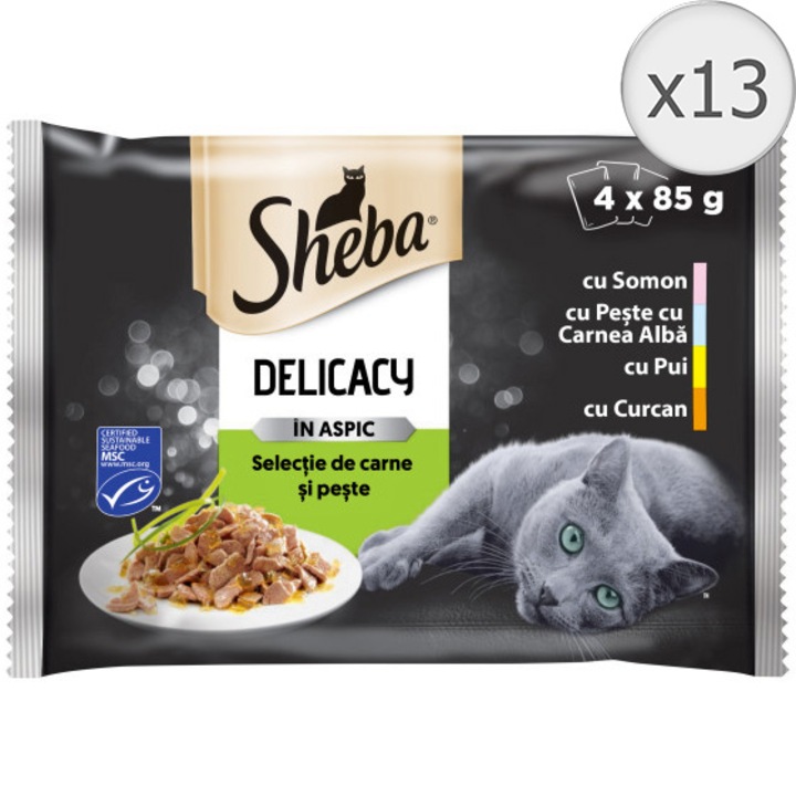 Hrana umeda pentru pisici, Sheba Delikatesse, Selectii mixte in aspic, 52 x 85g