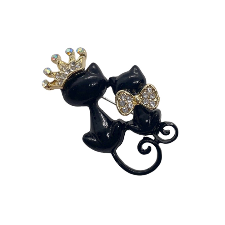 Brosa cu pisicute Kitty, Negru/ Auriu, Metal