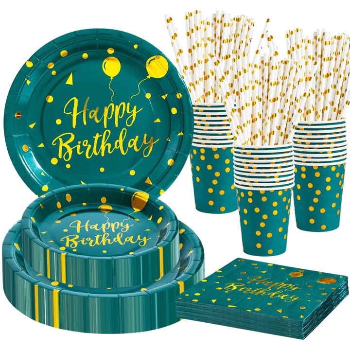 Set de vesela pentru petrecere pentru 24 de persoane, compus din 48 de farfurii mari si medii, 24 paie, 24 pahare, 24 servetele, verde cu aurii si mesaj Happy Birthday