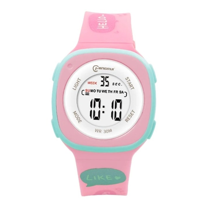Детски дигитален часовник, Mingrui MR2207LK, дата, осветление, водоустойчив 30 метра, удароустойчив, Розово