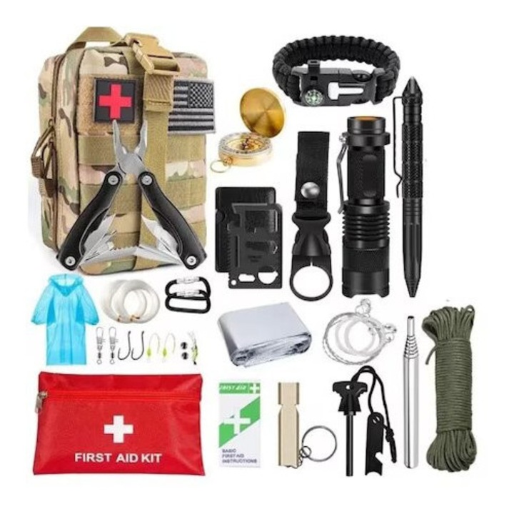 Kit Supravietuire, pentru excursii, 43 de piese, cutie impermeabila, drumetii, camping, pescuit, outdoor, vanatoare, calatorii, Solid Volt