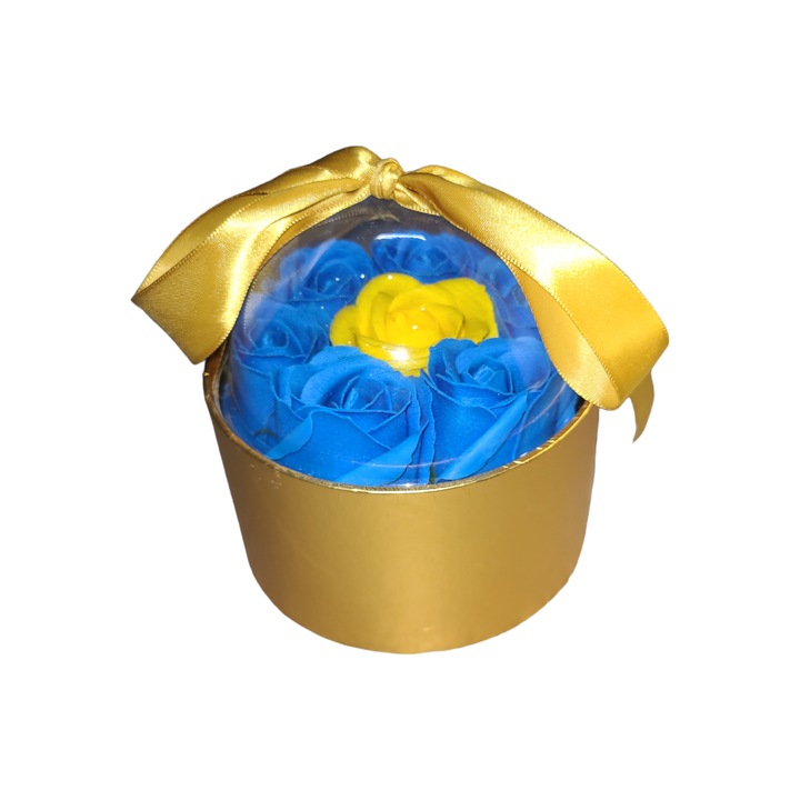 Aranjament 7 trandafiri parfumati sapun, albastru si galben, cutie aurie Cupola