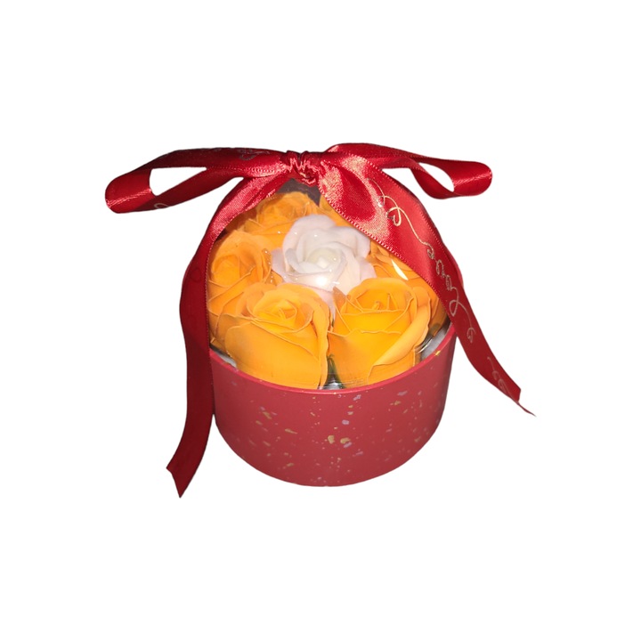 Aranjament 7 trandafiri parfumati sapun, portocaliu si alb, cutie rosie Cupola