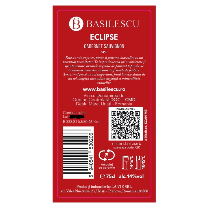 Vin Rosu Basilescu Eclipse Cabernet Sauvignon, Sec, 0.75l