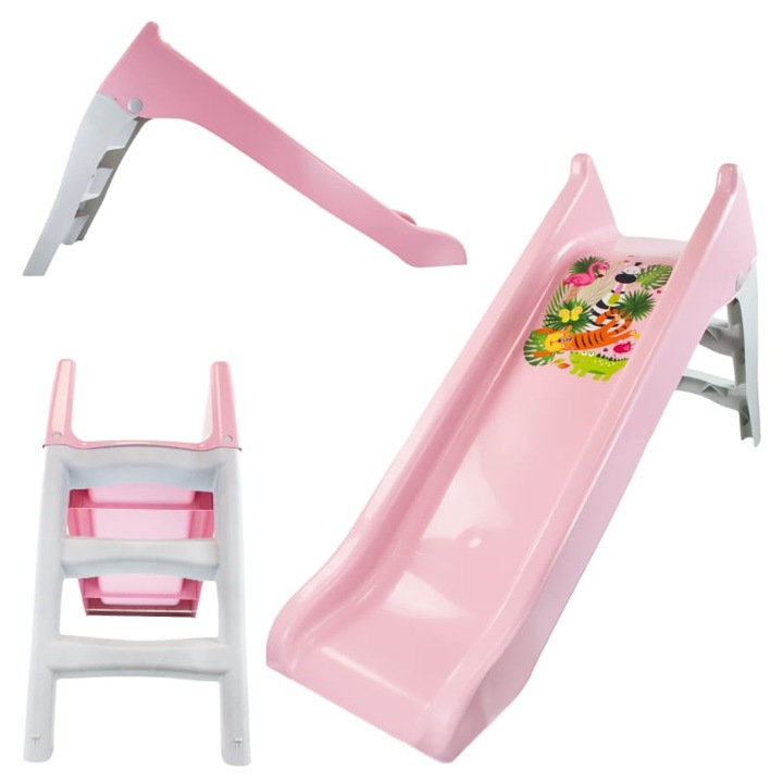 Tobogan pentru copii Mochtoys Pastel Pink cu sistem de atasare furtun apa, Scara si baza larga, Material durabil si robust, Utilizare interior/exterior