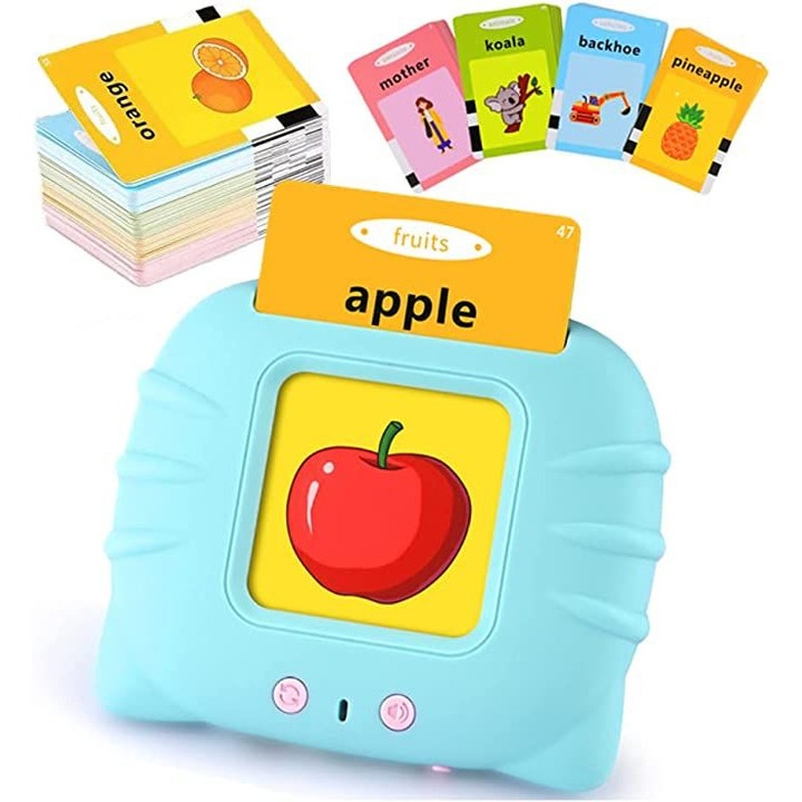 Монтесори образователна играчка за деца PROMERCO, Машина за изучаване на английски думи с четец на флаш карти, 224 думи, 112 картинки, MicroUSB зареждане, 2+ години, Син