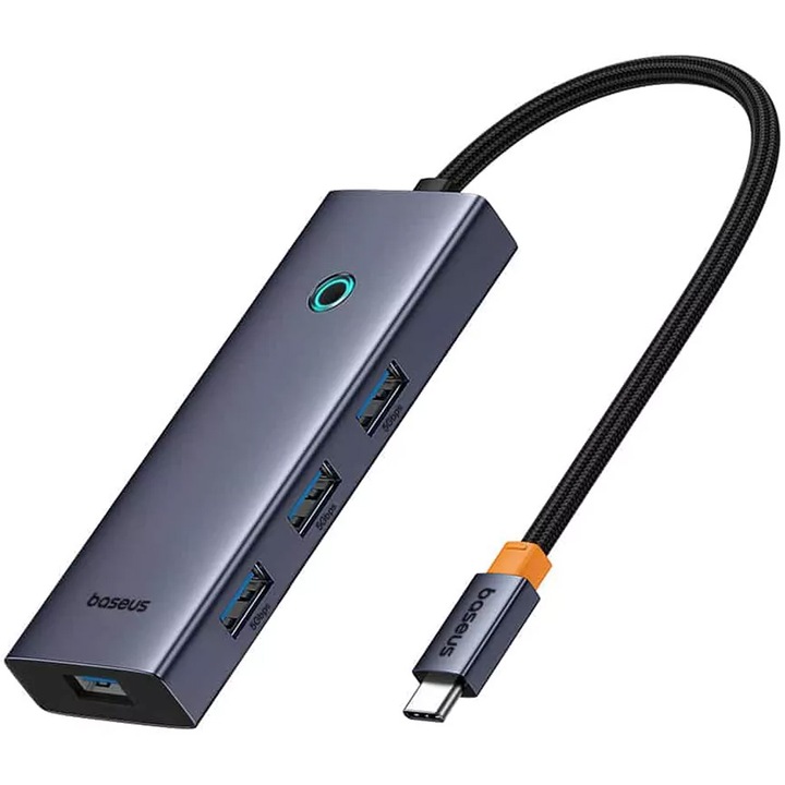 Хъб Baseus UltraJoy 5-in-1, USB-C към 4xUSB 3.0, 1xUSB-C, 100W, Сив