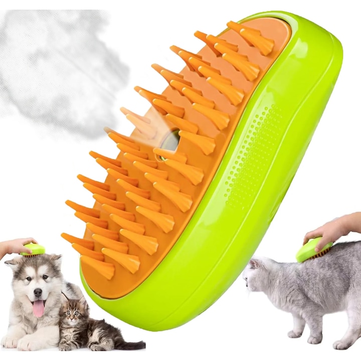 Perie 3 in 1 multifunctionala pentru animale de companie, cu aburi, Fish & Paws ®, pulverizare si dozator incorporat, ideala in ingrijirea delicata a pisicilor si eliminarea eficienta a parului cazut, reincarcabila prin USB, Verde