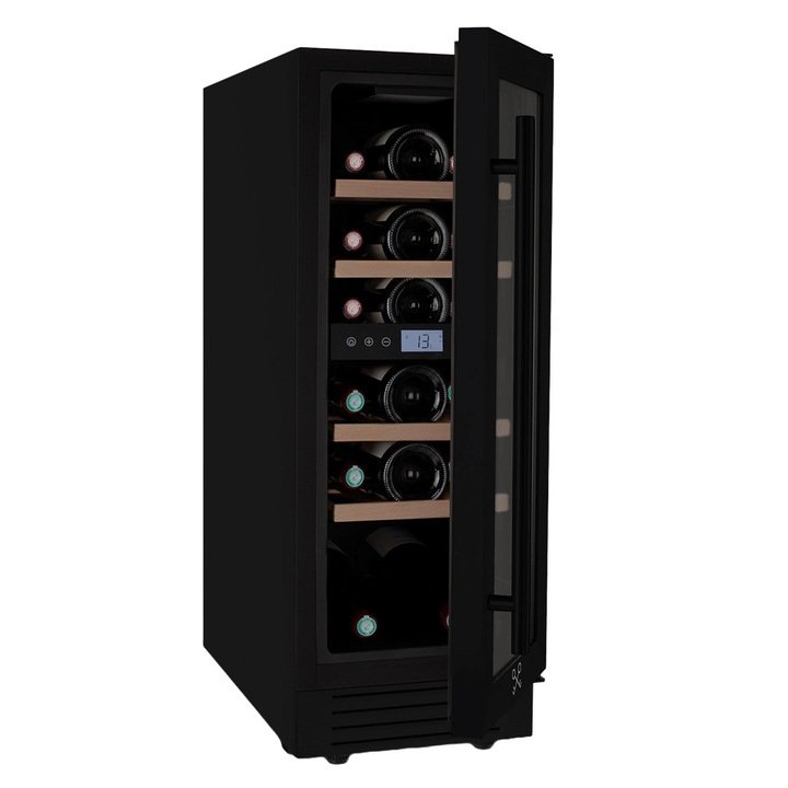 Racitor de vin LES PETITS CHAMPS, CAVCEDB17, 17 sticle, H 83 cm, doua zone de racire, latime 29.5 cm, poate fi si incorporabil, temperatura reglabila 5-20C, usa anti-UV cu 3 straturi, 4 rafturi din lemn, design modern, sistem anti-vibratii, negru