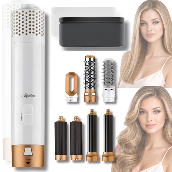 Perie Electrica pentru Par Infiniteea™, Multifunctionala, 7 in 1, 1000W, Uscare, Ondulare, Indreptare si Coafat Parul, 3 Trepte de Temperatura, Portabila, Cutie Depozitare, Capete Interschimbabile, Alb