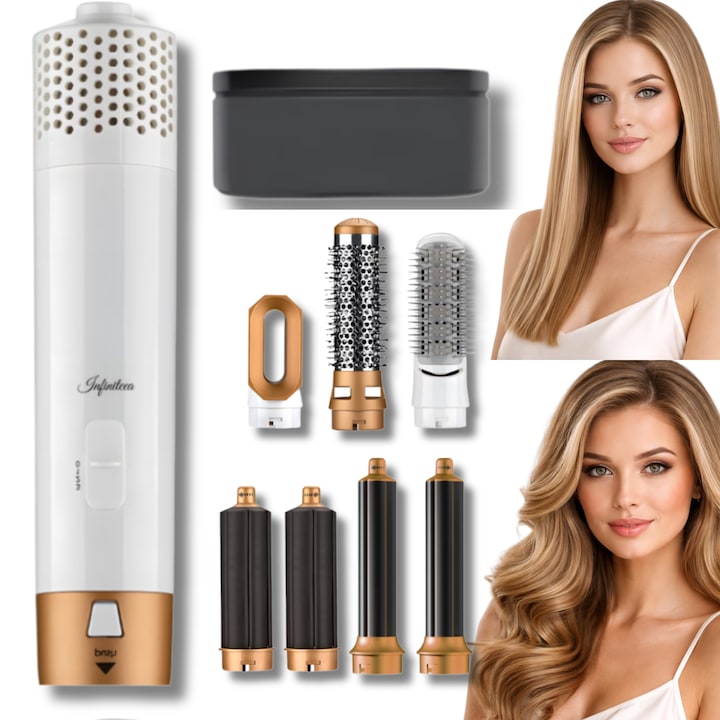 Perie Electrica pentru Par Infiniteea™, Multifunctionala, 7 in 1, 1000W, Uscare, Ondulare, Indreptare si Coafat Parul, 3 Trepte de Temperatura, Portabila, Cutie Depozitare, Capete Interschimbabile, Alb