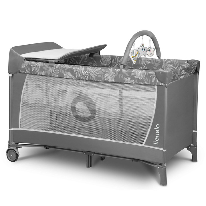 Patut pliant cu doua nivele, Lionelo, Flower, Cu arcada, Geanta transport, Masuta de infasat, Bara cu jucarii, Fereastra laterala, 120x60 cm, Conform cu standardele europeane de securitate EN 716 si EN12221, Gri