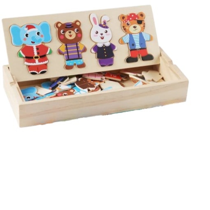 Fadobozba ágyazott puzzle, Öltöztesd fel az állatokat, 60 db