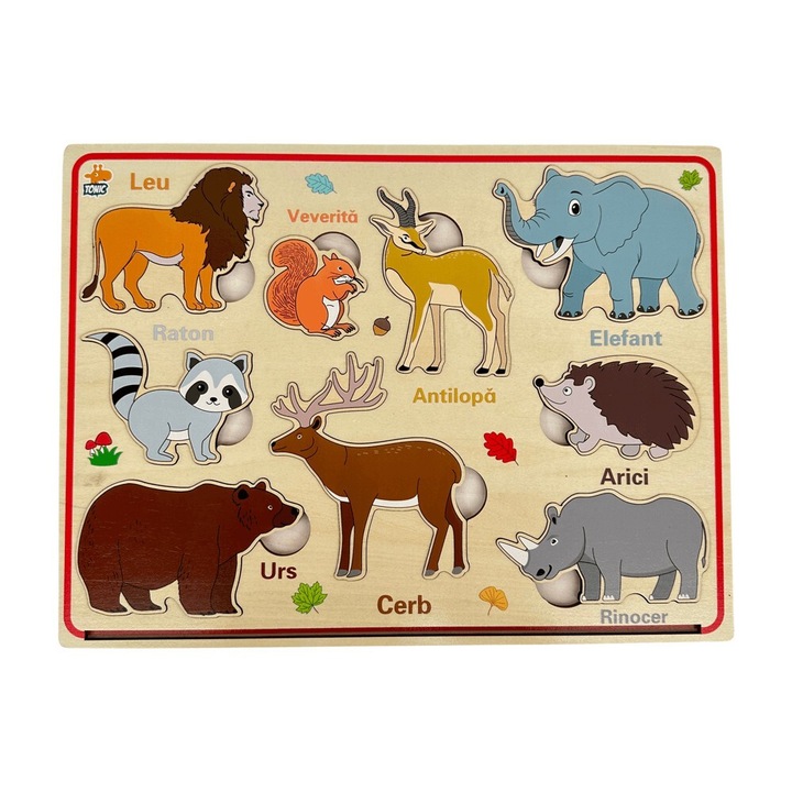 Fából készült mágneses puzzle románul, Vadállatok, 9 db