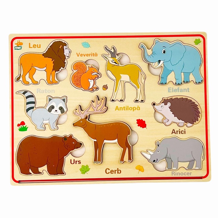 Puzzle magnetic din lemn in Limba Romana, Animale salbatice, 9 piese