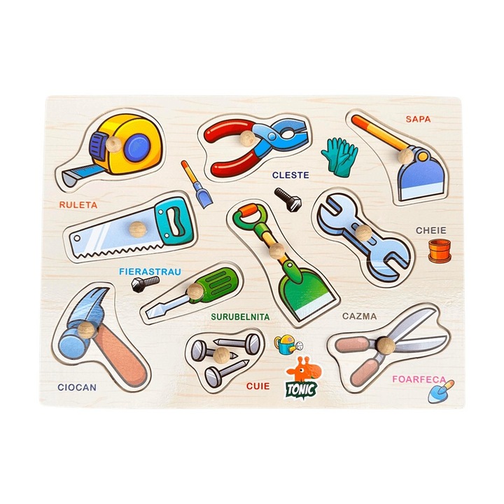 Román nyelvű beágyazott fa puzzle, Szerszámok, 9 db