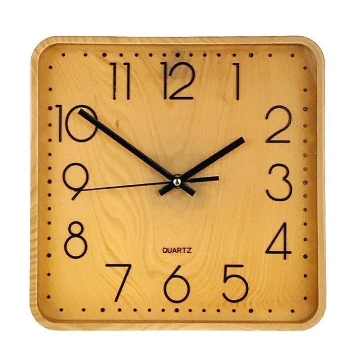 Ceas de perete, cu rama din plastic, 28x28 cm, maro-inchis