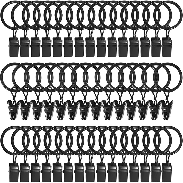 Set 30 Inele metalice pentru perdele cu clips, LEAXOR ®, 38mm, negre, pentru agatarea si fixarea usoara a perdelelor