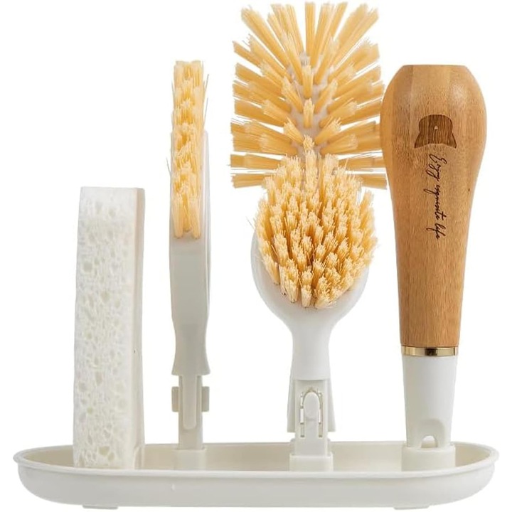 Set de perii de curatat OLIYA pentru bucatarie, 4 in 1 cu suport de depozitare, pentru vase, pentru baie, pentru bucatarie si pentru colt, OLIYA