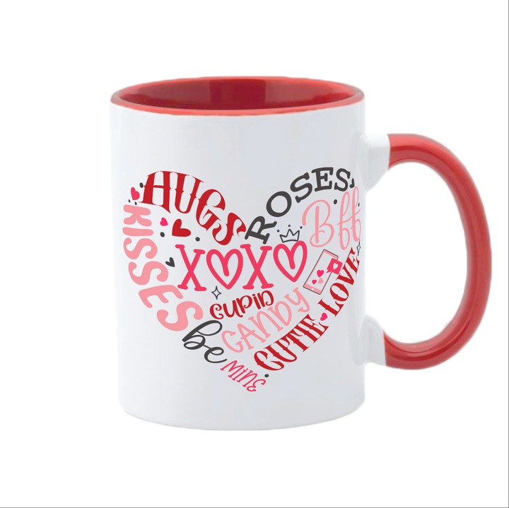 Cana alba personalizata, interior rosu si maner rosu, Colectia Valentine's Day, Text in heart shape, 350 ml