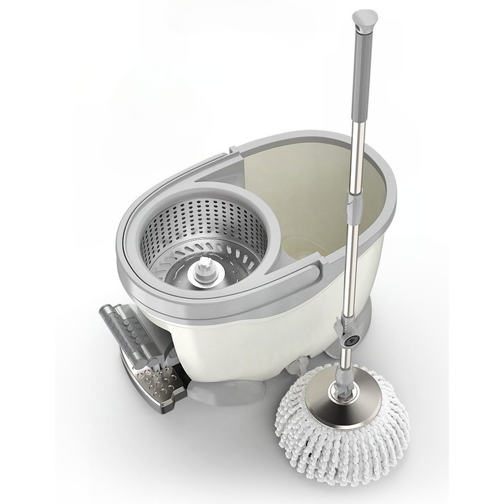 Set mop rotativ GOLD MARKET 360°, galetă cu pedala, maner telescopic inox, 2 capete bumbac, 10L, Alb-Gri