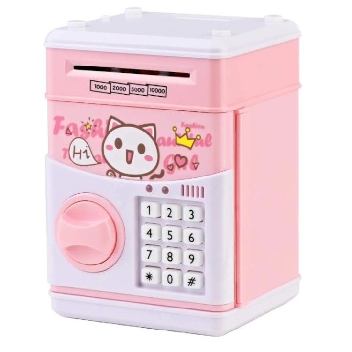 Pusculita interactiva cu functie cod PIN tip seif, model Hello Kitty, 15x15x21 cm, coshop®, roz