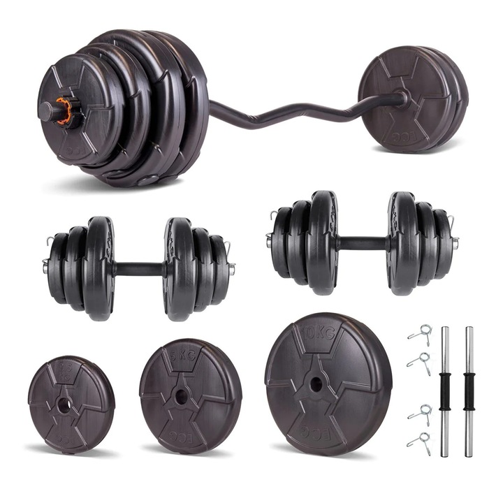 Set haltera si gantere reglabile de 80 KG cu 2 bare de 40 cm lungime, o bara Z de 120 cm lungime si cleme prindere, Negru