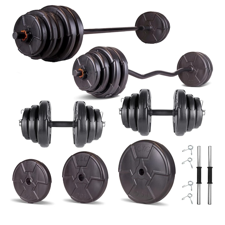 Set haltera si gantere reglabile de 60 KG cu 2 bare de 40 cm lungime, o bara Z de 120 cm, bara dreapta 150 cm lungime si cleme prindere, Negru