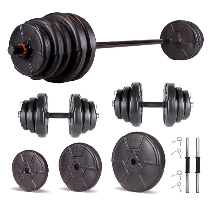 Set haltera si gantere reglabile de 60 KG cu 2 bare de 40 cm lungime, o bara de 150 cm lungime si cleme prindere, Negru