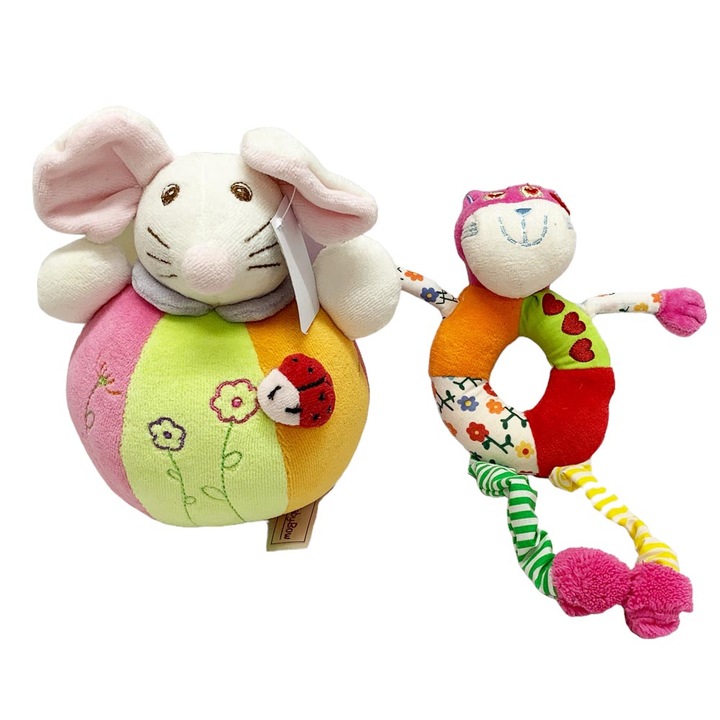 Baba csörgő készlet Babybow 7058-5, 2 db, Macska/Egér, Plüss, 15 cm
