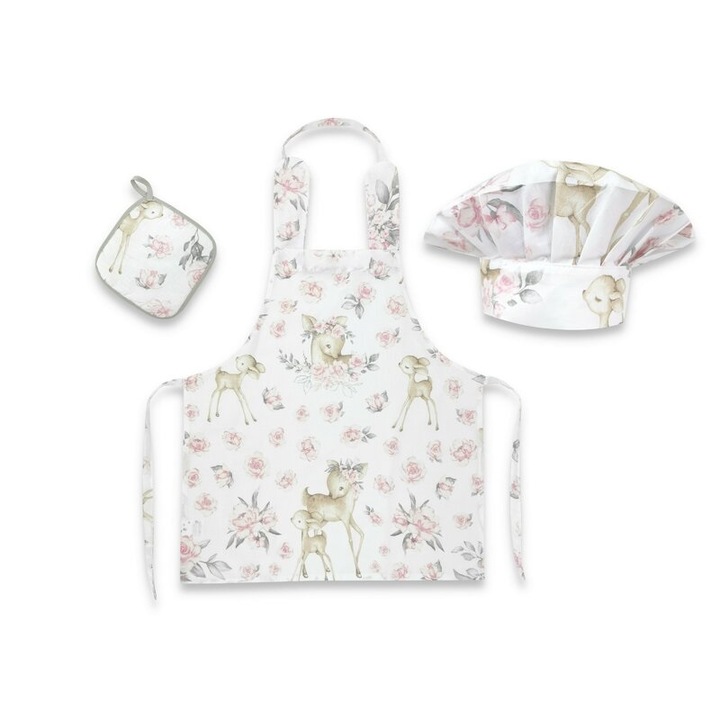 Set Micutul bucatar, MimiNu, Cu sort, o boneta si accesoriu pentru vase calde, Din bumbac certificat Oeko Tex Standard 100, Sweet Deer Pink