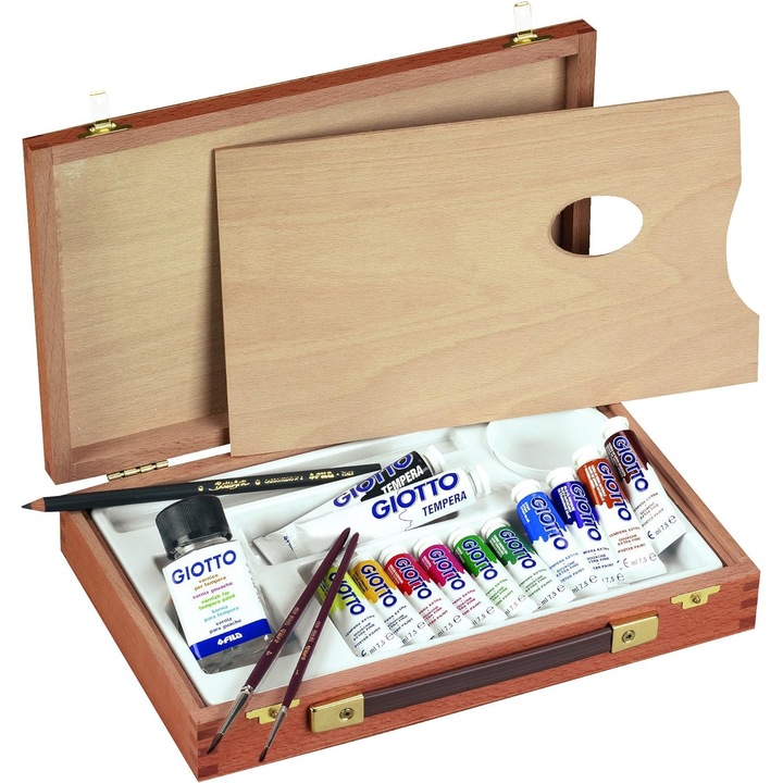 Servieta din lemn cu 10 acuarele tempera tip tub cu accesorii pentru pictura, Giotto