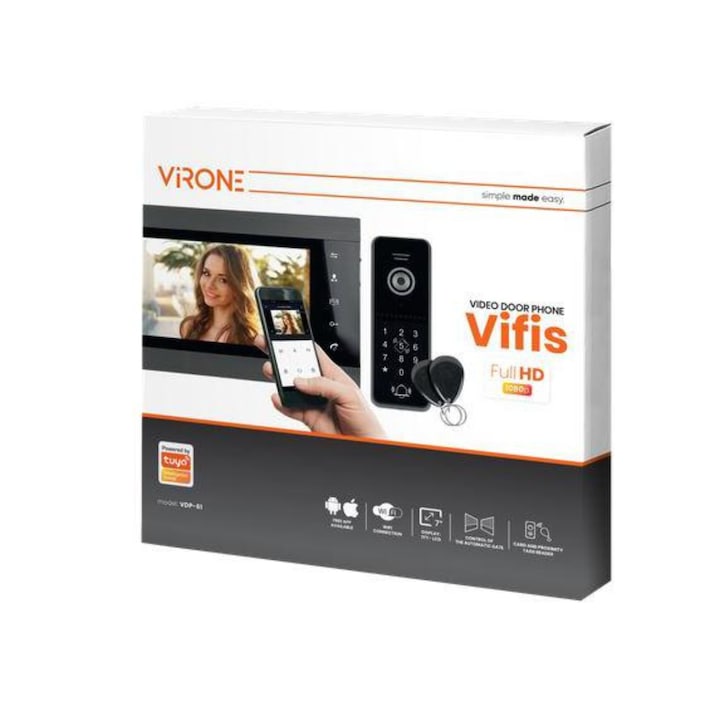Videointerfon, Virone, VDP-61FHDZD/B, Fotografii/Inregistrare video, Wifi, 2 Camere CCTV, 1080P Full HD, Deschidere porti, Cititor de card microSD, Tuya, Android/iOS, Panou extern cu camera, IR, Negru