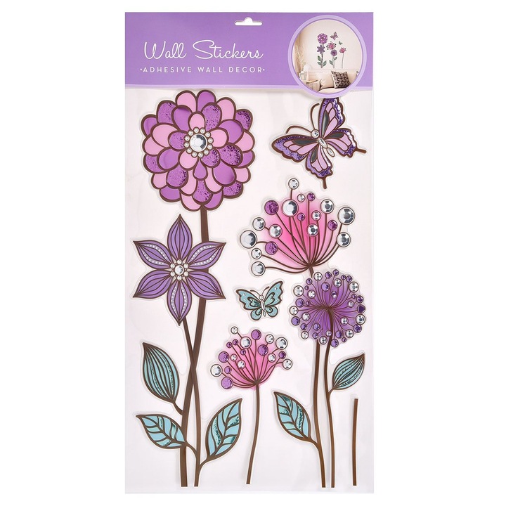 Комплект от 5 декоративни стикера за стена Shopiens®, 3D лилави пеперуди и цветя, със сребърни детайли, 32 х 50 см